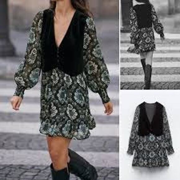 Velvet Vested Floral Babydoll Dress Womens Size S Long Sleeve Whimsical Goth - Picture 2 of 14